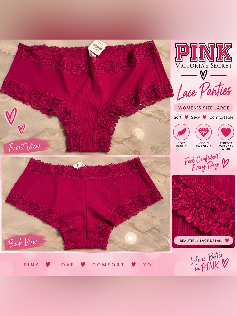 PINK Victoria's Secret Lace-Trim Hipster Briefs in Berry Pink SIZE LARGE